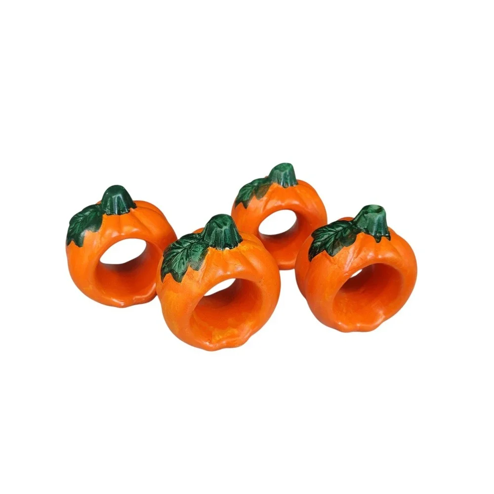 Vintage Ceramic Pumpkin Napkin Rings Set Of 4 Halloween Fall Thanksgiving 3